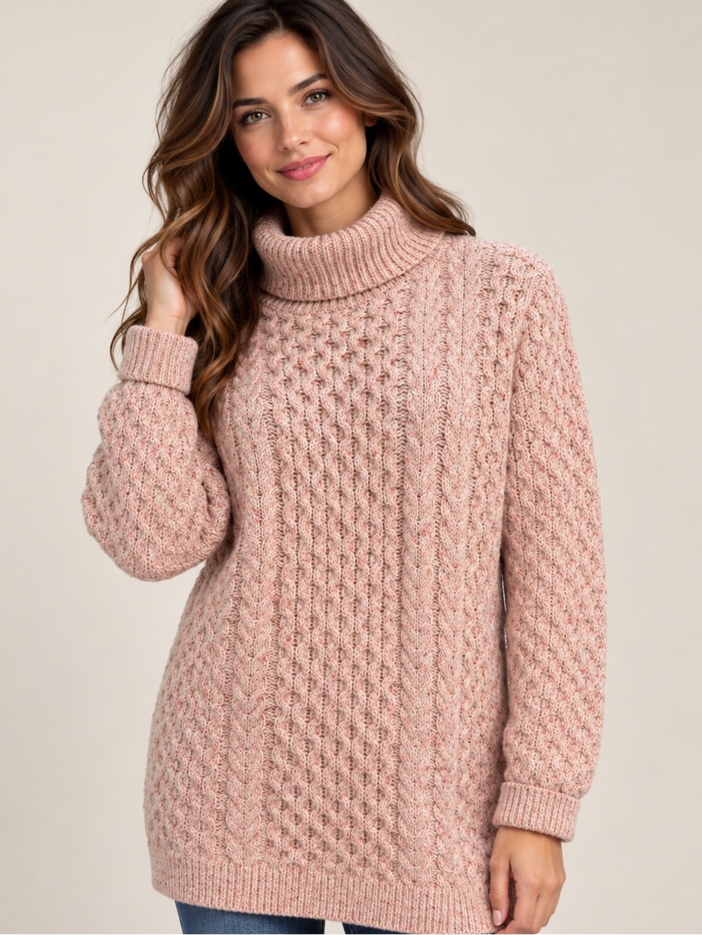 Lands' End Pink Cable Knit Turtleneck Sweater